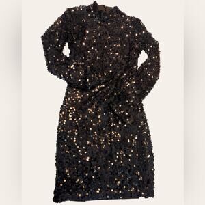 H&M Women’s Black Mock Neck Sequin Long Sleeve mini Dress Size XS